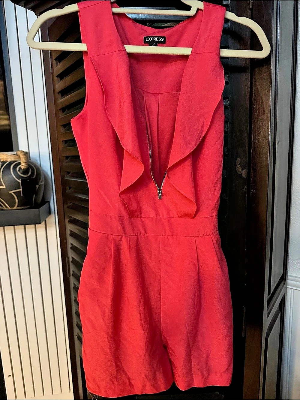 Express Ruffle Zip Front Romper Pink